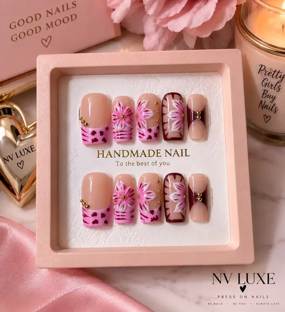 Reusable Pink Floral Press On Nails Size S Medium Square 10pc Set #012