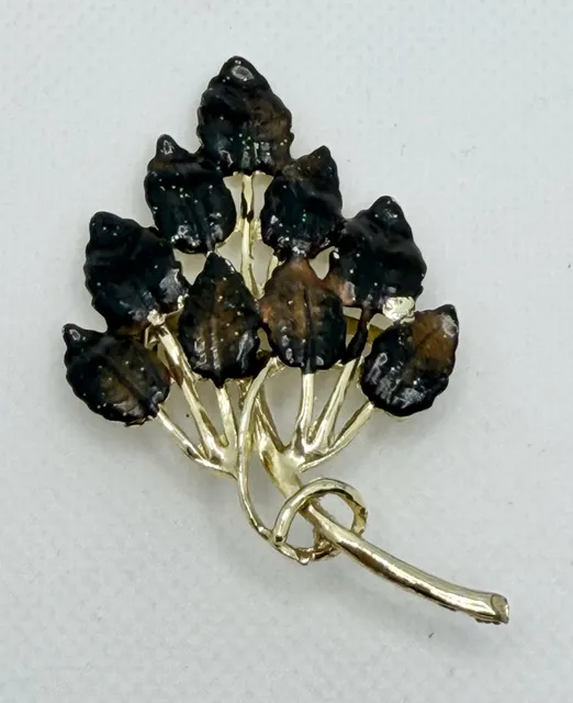 Vintage Black Enamel Leaf Cluster Brooch Pin Gold Tone