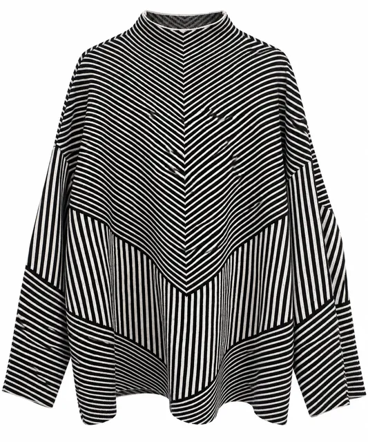 Tahari XL Women’s Black White Striped Mock Neck Chevron Geometric Sweater 