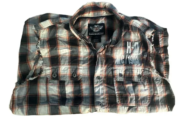 Harley-Davidson Sleeveless Plaid Button-Up Cutoff Shirt Vest Grey Black White