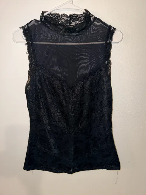 GUESS Lace Mock Neck Top Size M Black Sleeveless Mesh