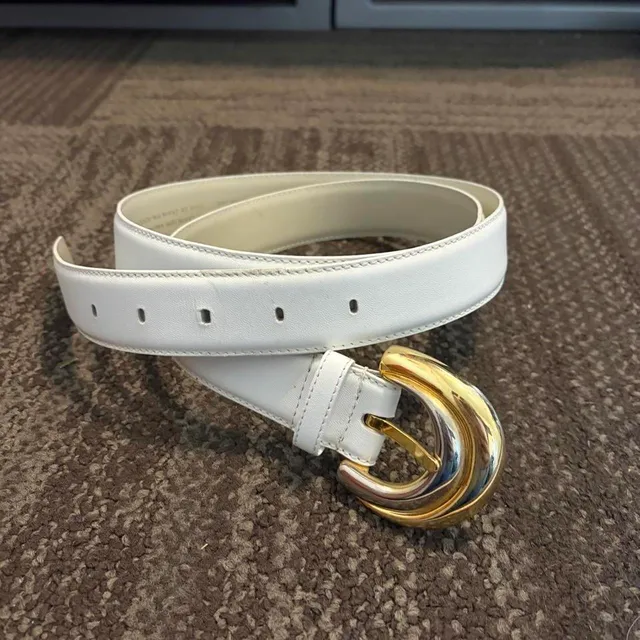 Liz Claiborne Leather Belt Size 3 White Mixed Metal Buckle Vintage 1991