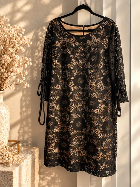Karin Stevens Lace Dress Size 16 Black Nude Floral Bow Sleeve