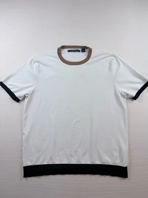 Perry Ellis Short Sleeve Knit Sweater Tee Size XL Contrast Trim Off White