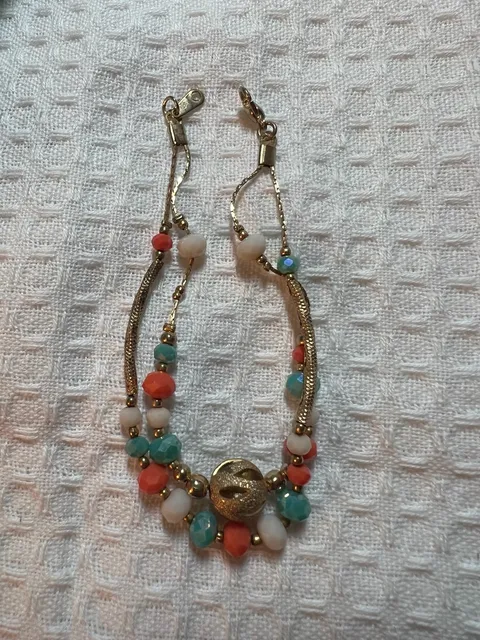 Beaded Multi-Strand Bracelet Gold Tone Turquoise Coral Faceted Beads