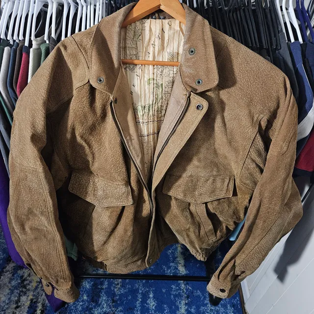 Vintage Suede Leather Bomber Jacket XL Brown Map Lining