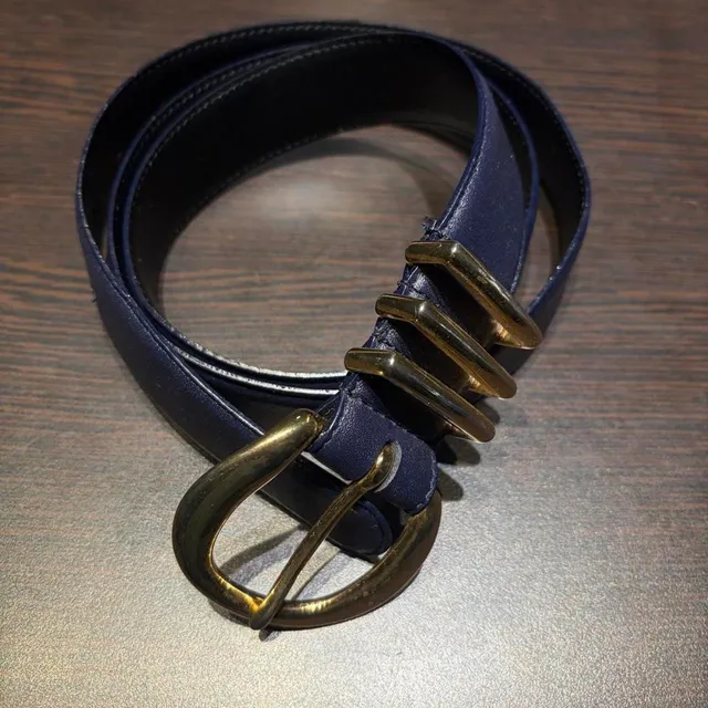 Liz Claiborne Leather Belt Size 42 Blue Gold Solid Brass Vintage