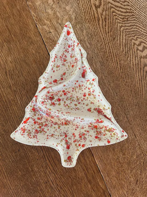 Vintage Ceramic Christmas Tree Divided Dish Catchall Red Gold Spatter