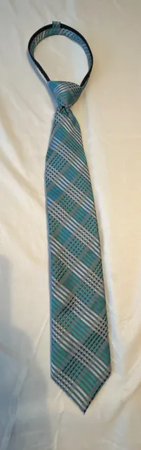 George Zipper Neck Tie Blue Teal Gray Plaid