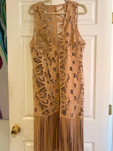 Shyanne Faux Suede Laser Cut Vest Size L Tan Fringe