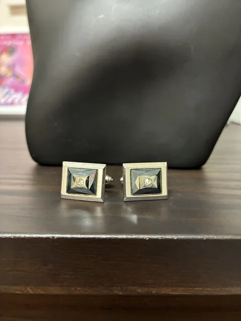 Vintage Silver Tone Black Faceted Crystal Square Cufflinks
