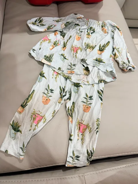 Milkbarn Pajama Set House Plants Print Light Blue Long Sleeve Top Pants 6/12m