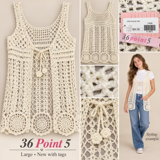 36 Point 5 Crochet Vest Large Ivory Cream Tie Front Boho Sleeveless NWT