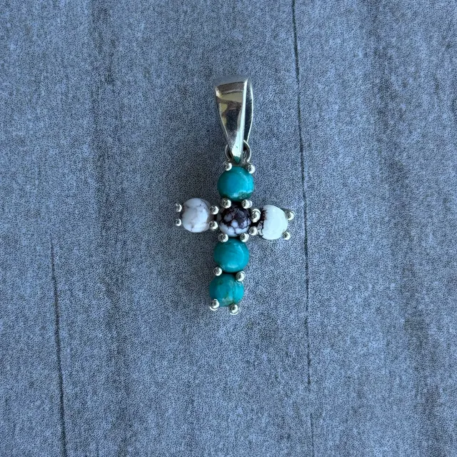 Sterling Silver Kingman Turquoise and White Buffalo Stone Cross Pendant