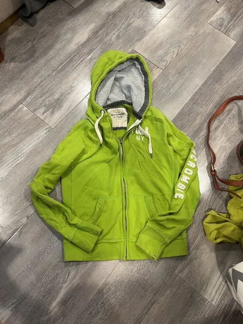 Abercrombie & Fitch Full Zip Hoodie Size L Lime Green NY Applique