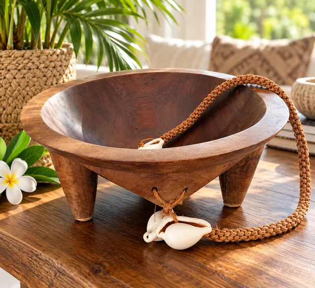 Vintage-Style Fijian Tanoa Kava Bowl – Hand-Carved Wood, Cowrie Shells – 16”