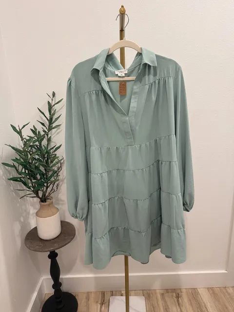 ChicSoul Tiered Mini Dress Size 2X Sage Green V-Neck Long Sleeve
