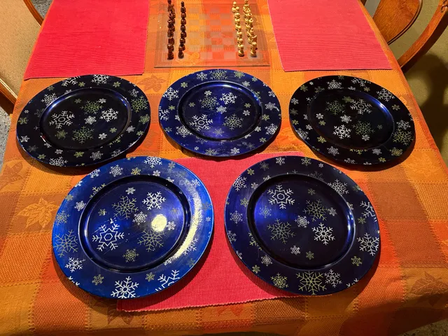 Set of 5 Cobalt Blue Snowflake Charger Plates – Winter/Christmas Décor