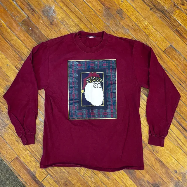 Vintage Ugly Santa Claus Graphic Long Sleeve T-Shirt Burgundy Plaid XL