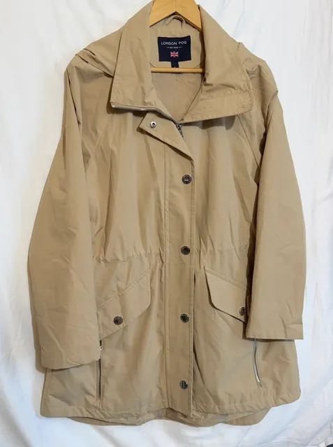 London Fog Hooded Rain Jacket Size L Khaki Beige Trench Coat Parka