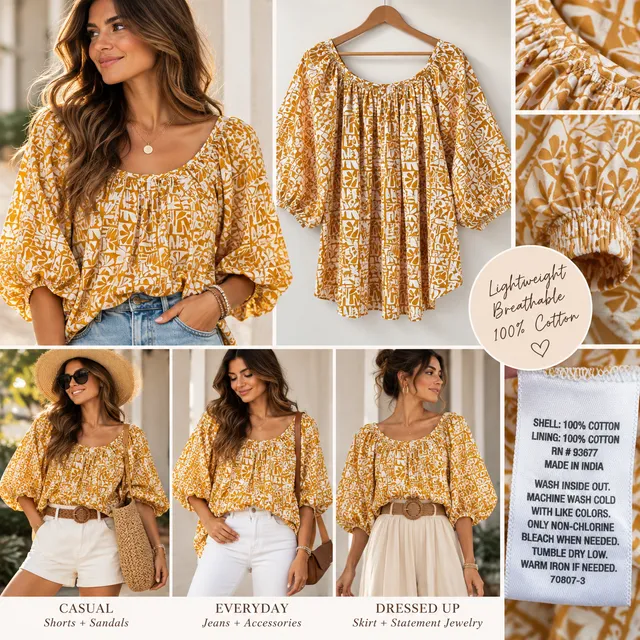 A.n.a Blouse Size XL Yellow White Printed Cotton Puff Sleeve Top