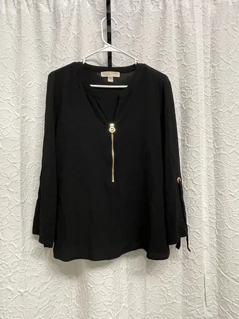 Michael Kors Black Gold Zip V Neck Roll Tab Sleeve Blouse Large Career