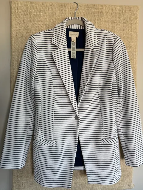 Chico's Striped Blazer Size 0 White Navy Blue One Button Jacket