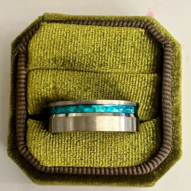 Tungsten Titanium Ring Blue Opal Inlay Beveled Edges 8mm Band Size 11