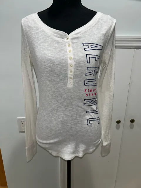 Aeropostale Thermal Henley Size L White Long Sleeve Shirt