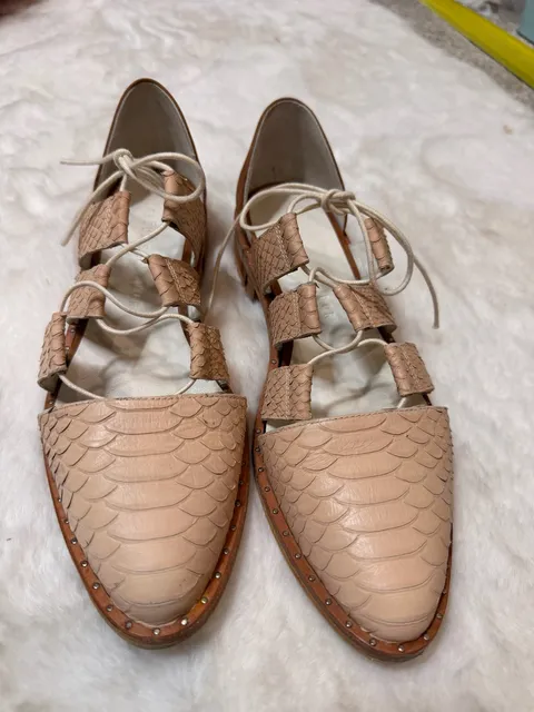 Freda Salvador Lace Up Snake Leather Flats Beige Brown Sandals