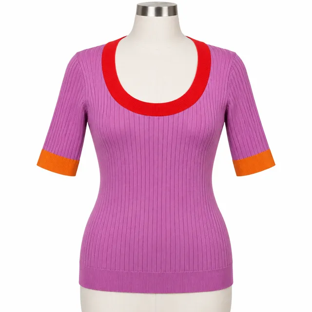 Ann Taylor Women’s M Purple Ribbed Knit Colorblock Scoop Neck Short Sleeve Top