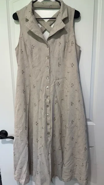 Embroidered Linen Blend Maxi Dress Cottagecore Lagenlook Cross Back Size 14