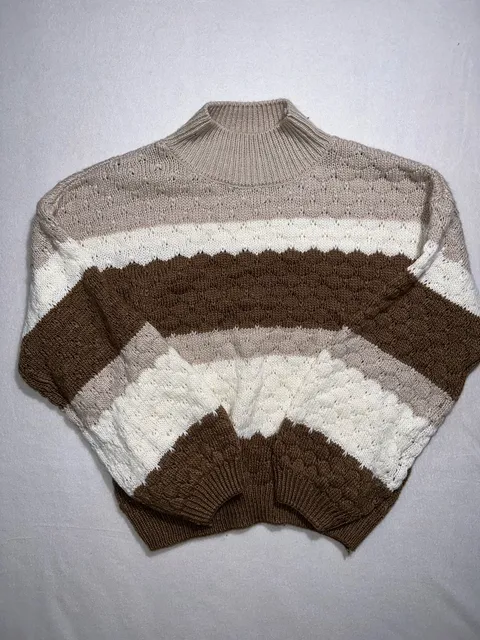 MINE Sweater Size L Brown Beige Striped Mock Neck Knit Pullover