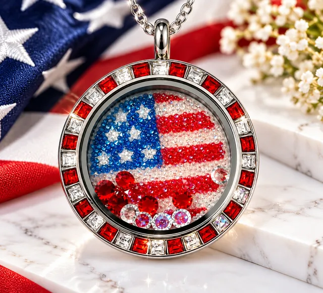 Origami Owl American Flag Floating Locket Necklace Crystal Rhinestone