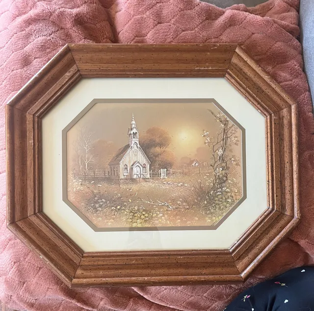 Vintage Homco Style Country Church Print, Wood Frame, 15"x 18"