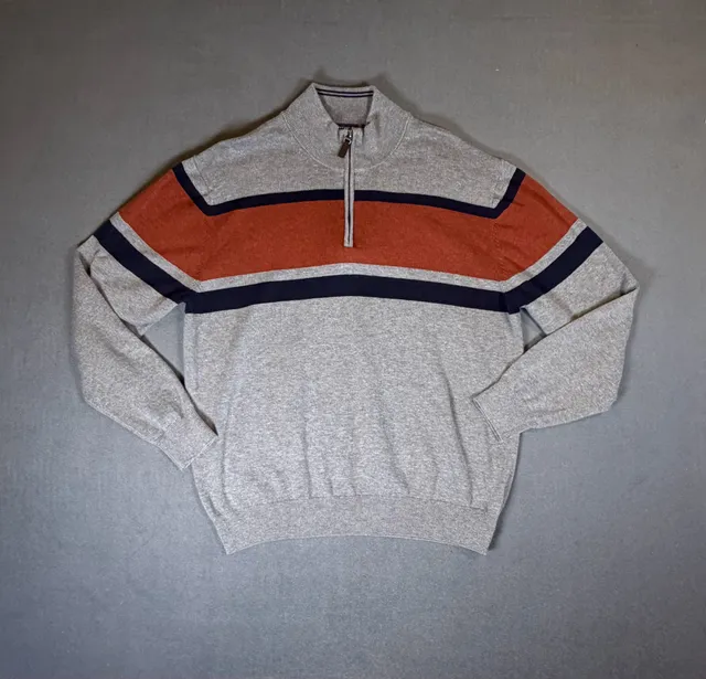 Roundtree & Yorke Quarter Zip Sweater Men’s Striped Gray Orange Navy Men’s M
