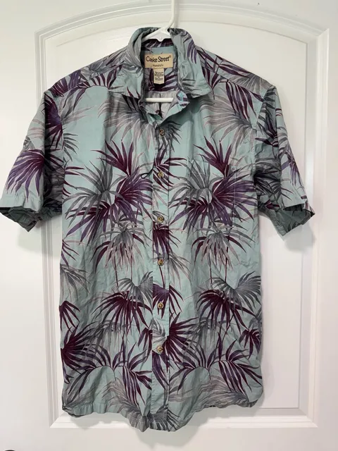 Tropical Palm Leaf Hawaiian Aloha Button Up Coastal Resort Shirt Size S