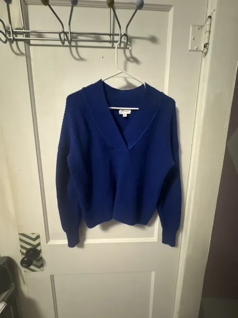Evereve V-Neck Sweater Size XS Blue Ribbed Knit Pullover