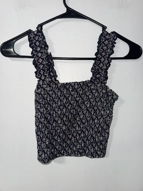 Hollister Smocked Crop Top Size XS Black Floral Ruffle