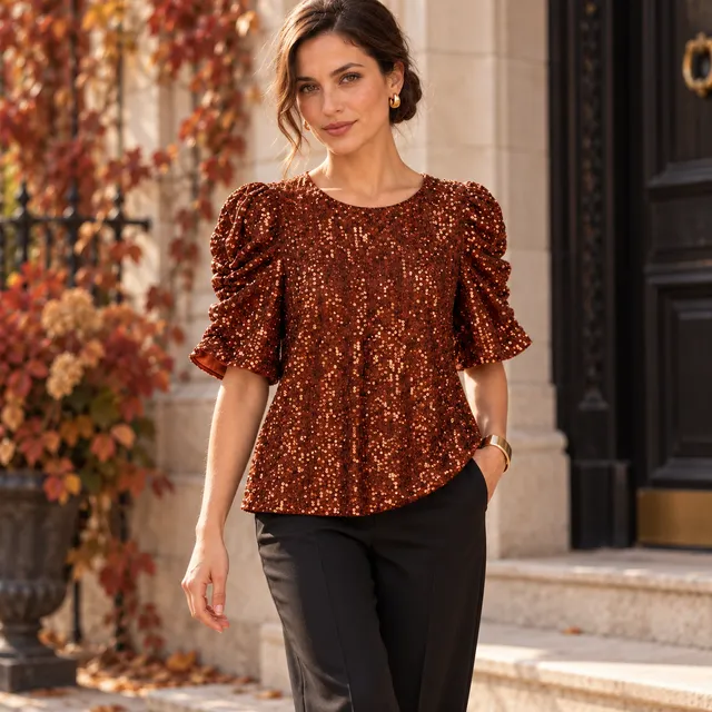 Anthropologie Copper Sequin Puff Sleeve Blouse Party Top Medium