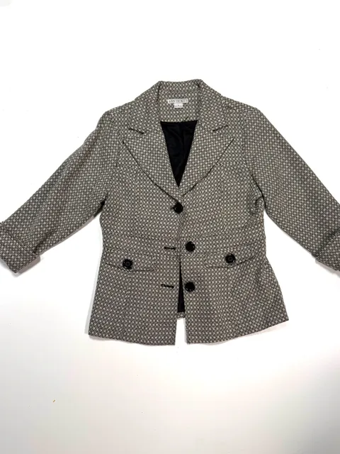Ann Trinity Women's Blazer Size M Old Money Dark Academia Preppy Heritage Y2K Black Cream Houndstooth Tweed Peplum 3/4 Sleeve Cuffed Button Front Lined