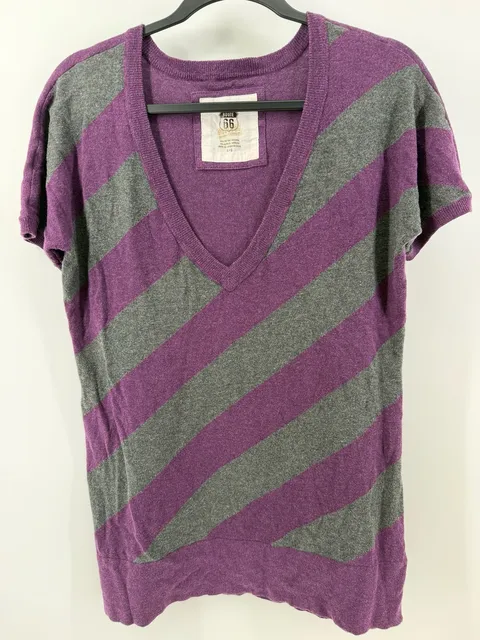 Route 66 Purple Gray Diagonal Stripe V-Neck Sweater Top Size L