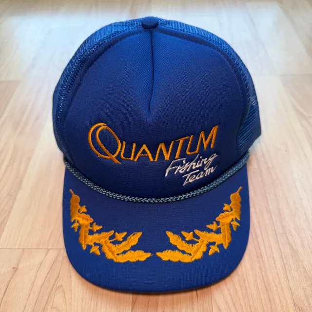 Vintage 80s Quantum Fishing Team Trucker Hat Snapback Blue Gold Cap