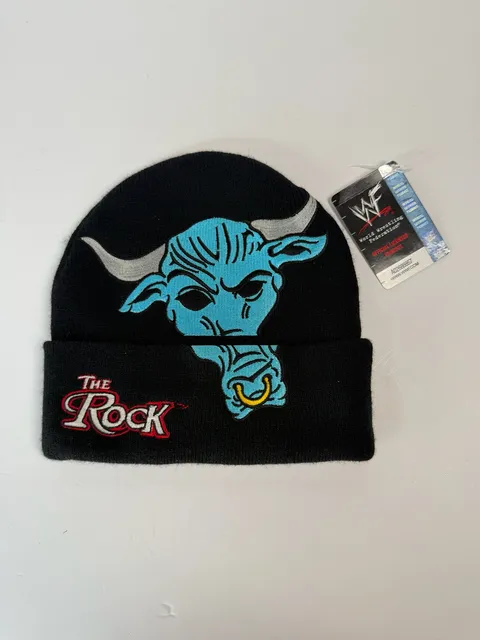 WWF The Rock The People's Champ Beanie Black Knit Hat 2001 Vintage New