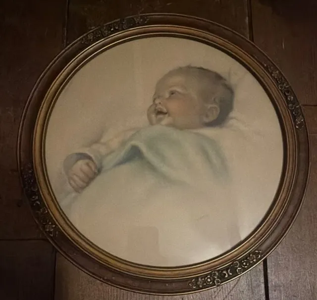 Bessie Pease Gutmann Chuckles Vintage Baby Print Ornate Round Frame