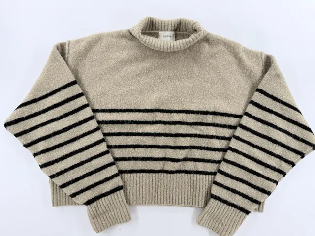 Dissh Turtleneck Sweater Size L Beige Black Striped Knit Pullover