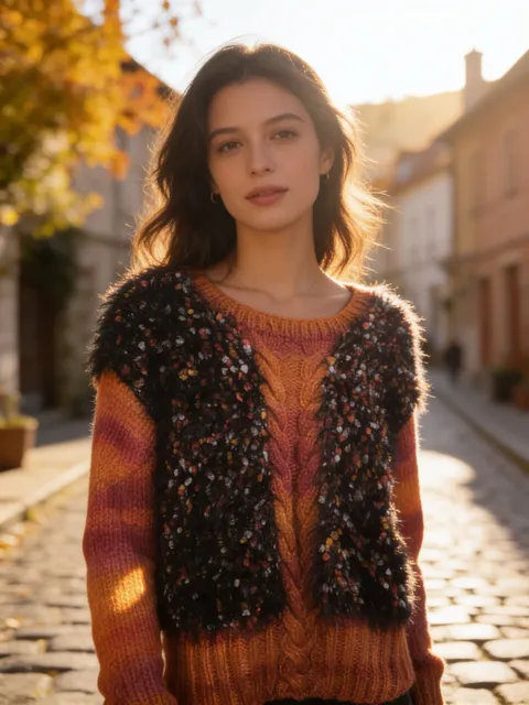 Handmade Textured Cable Knit Sweater Multicolor Orange Small*