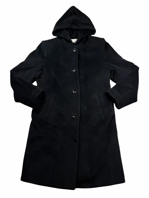 Albert Nipon Wool Coat Womens 10 Black Hooded Long 100% Worsted Wool Vintage