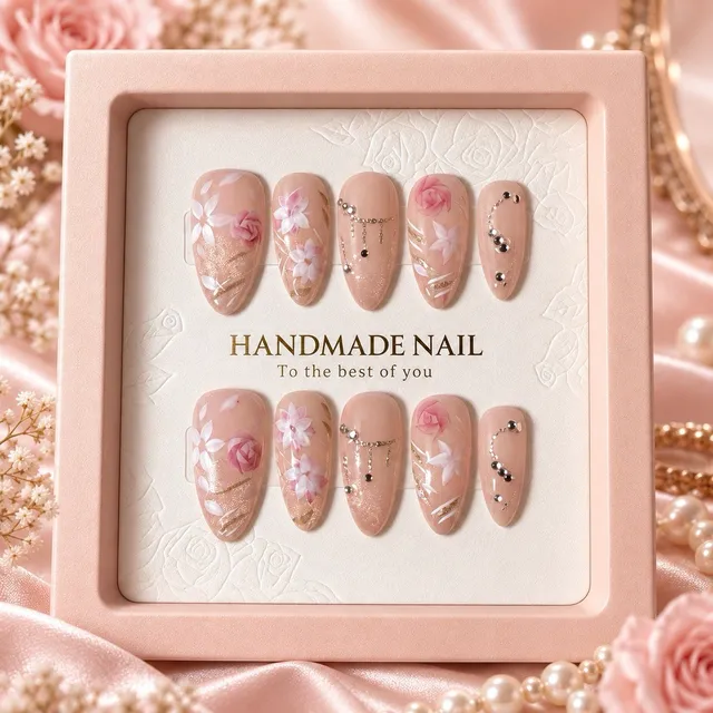 Blush Floral Press On Nails Size M Almond Rhinestone 3D Flower 10pc Set #022