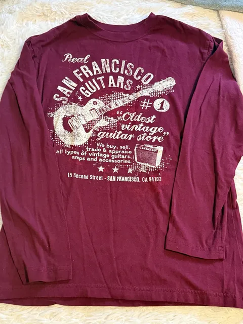 San Francisco Guitars Long Sleeve Graphic T-Shirt Maroon youth size xl/14